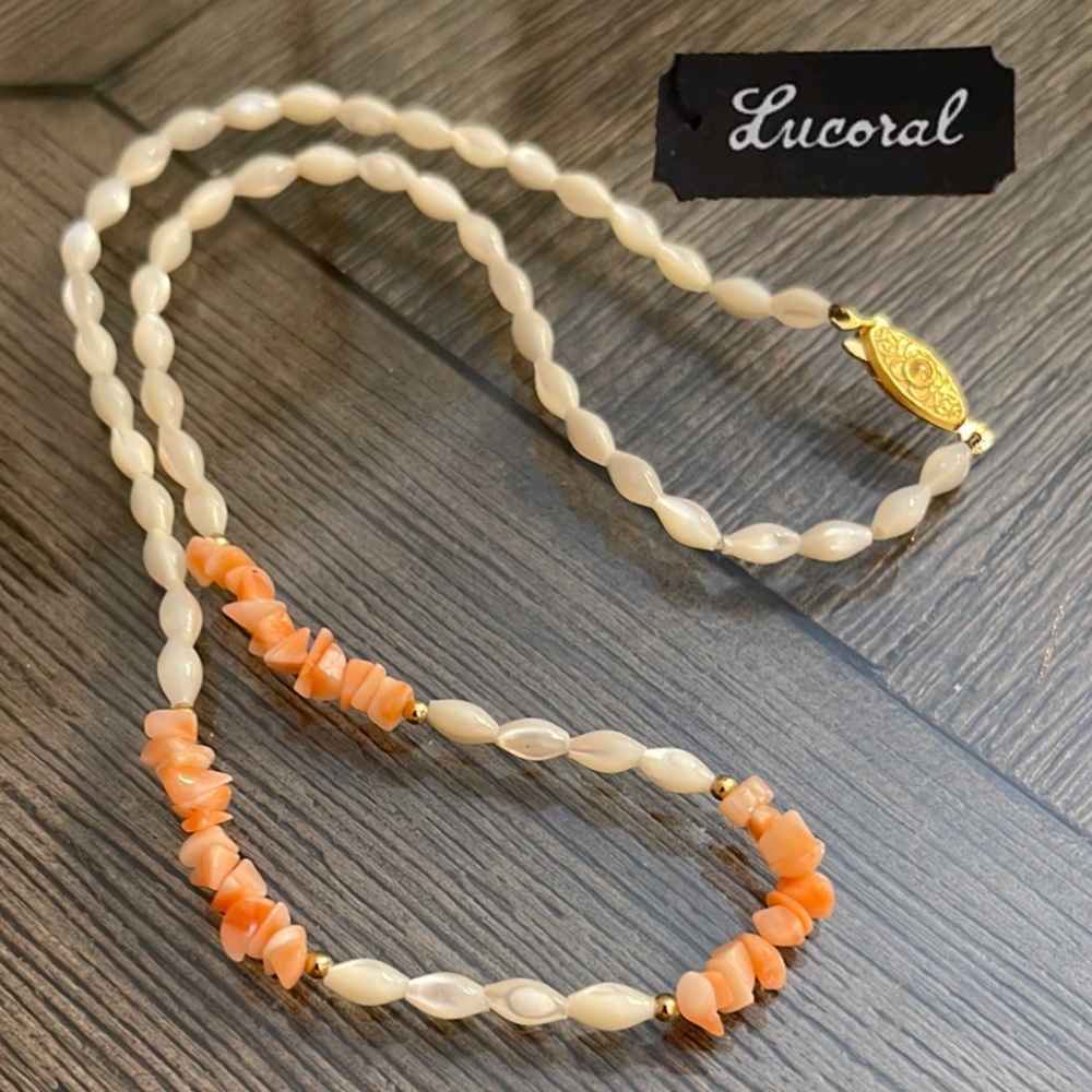 Vintage Lucoral Single Strand Coral & Mother of Pearl Necklace Rice Beads